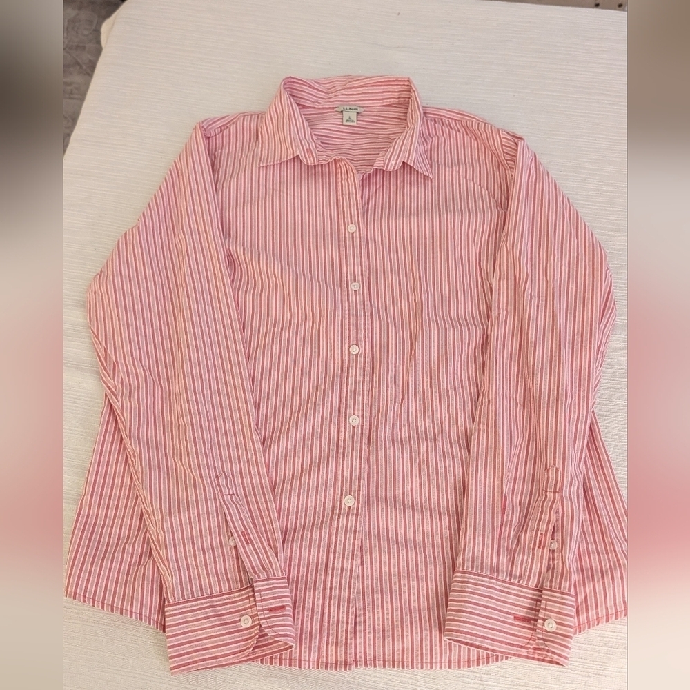 L.L. Bean Woman's Pink and White Striped Long Sleeve Shirt Size L